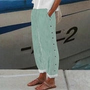 Green Wide Leg Dress Pants for Women, Capris for Women Casual Summer, Women'S Cotton And Linen Striped Elastic Waistband High Pocket Pants Side Buttons Nine Point Loose Casual H Shaped Straight Leg